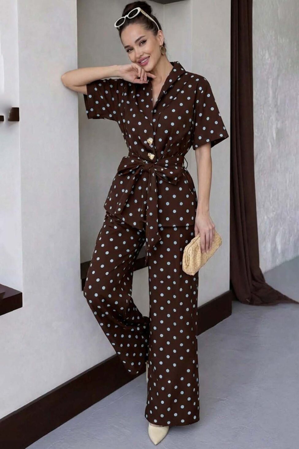 Indila σετ πουκάμισο παντελόνι πουά καφέ - Image 2