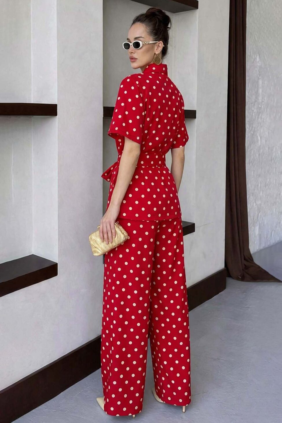 Indila σετ πουκάμισο παντελόνι πουά κόκκινο - Image 2