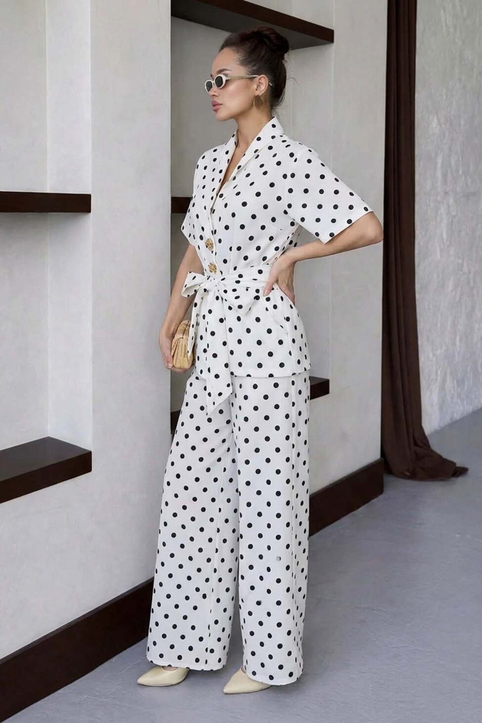 Indila σετ πουκάμισο παντελόνι πουά λευκό - Image 2