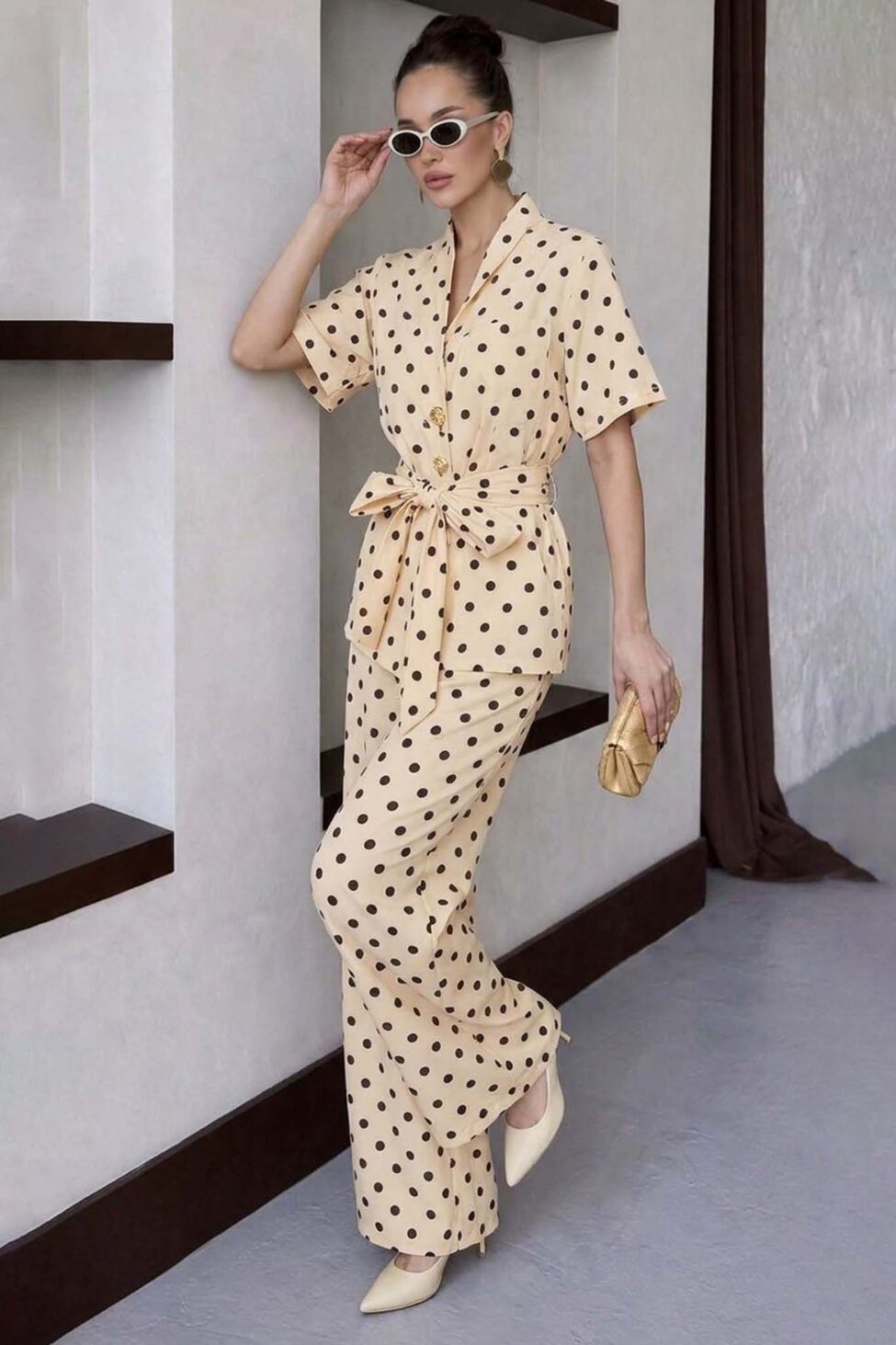 Indila σετ πουκάμισο παντελόνι πουά μπεζ - Image 2