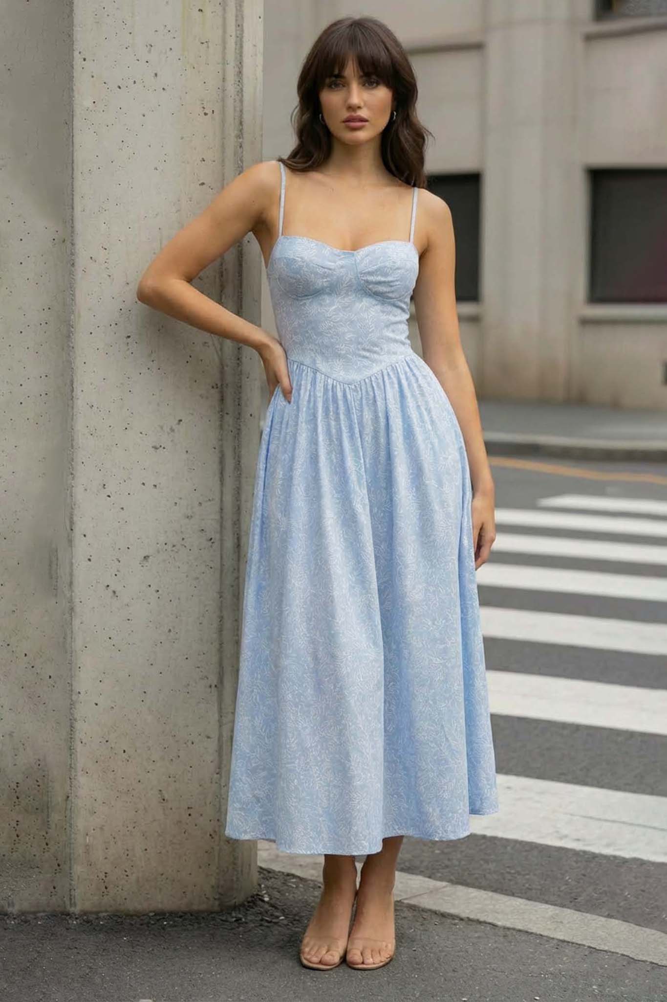 Jackline φόρεμα μίντι με τιράντες και εφαρμοστό μπούστο μπλε - Image 1