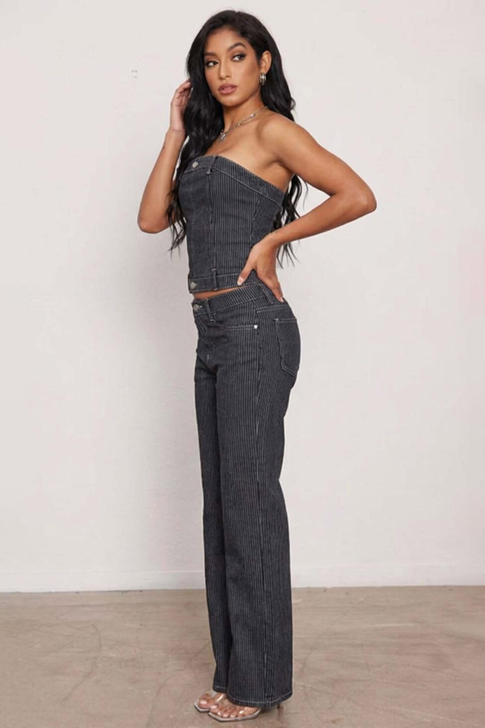 Jamal τζιν σετ στράπλες - παντελόνι ριγέ γκρι - Image 2