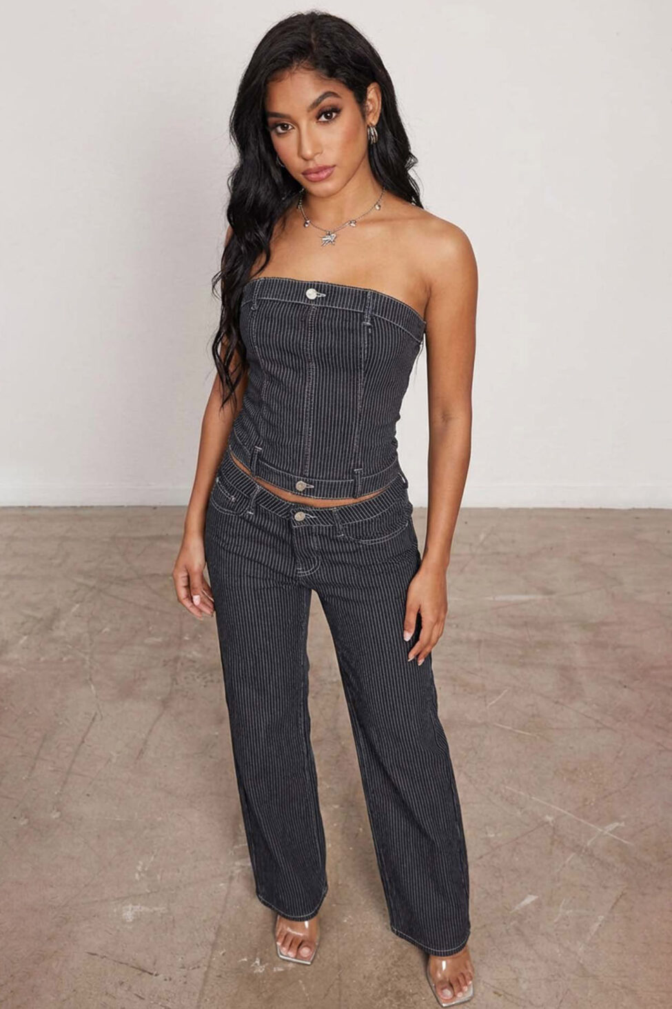 Jamal τζιν σετ στράπλες - παντελόνι ριγέ γκρι - Image 3