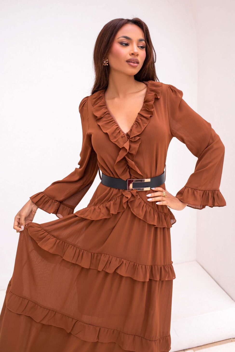 Jete μάξι φόρεμα με βολάν καφέ - Image 2