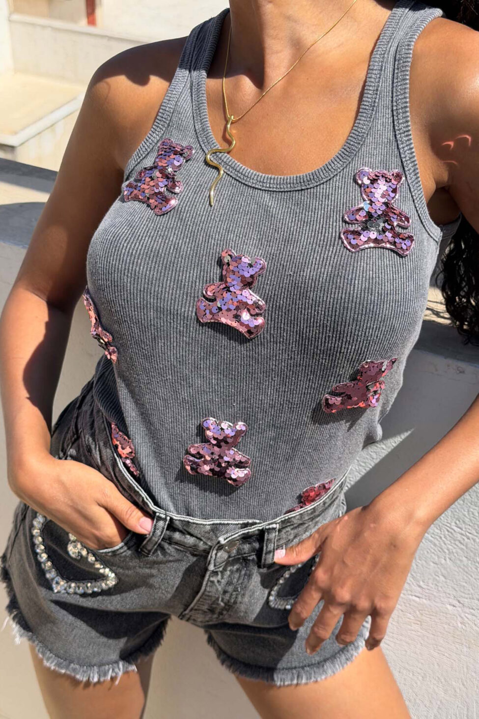 Kooky αμάνικο ριπ τοπ με παγιέτες γκρι - Image 2