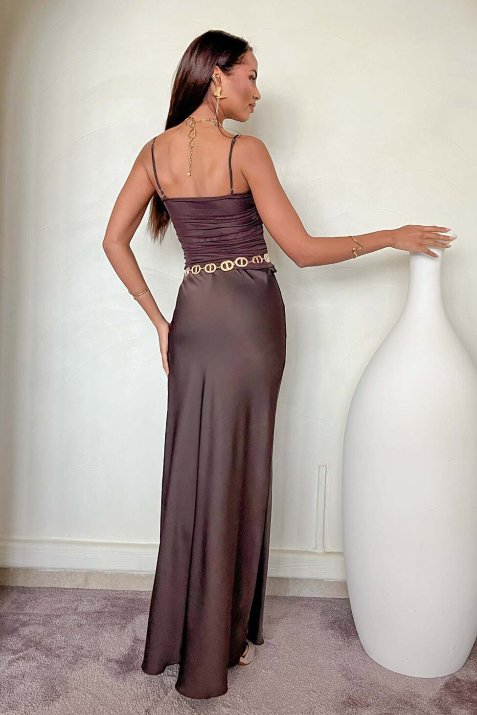 Lumen μακριά φούστα με όψη σατέν καφέ - Image 2