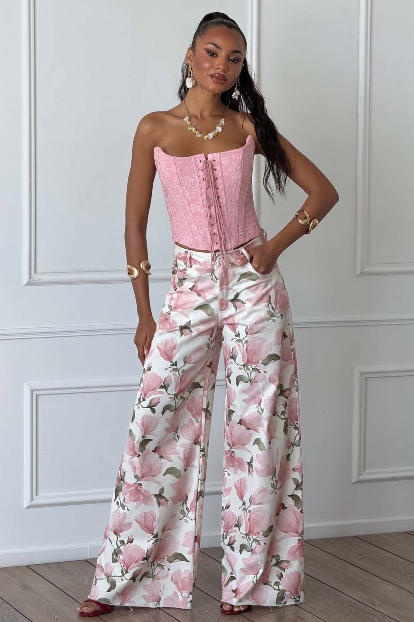 Magnolia παντελόνι φλοράλ ροζ Magnolia παντελόνι φλοράλ ροζ - Image 1