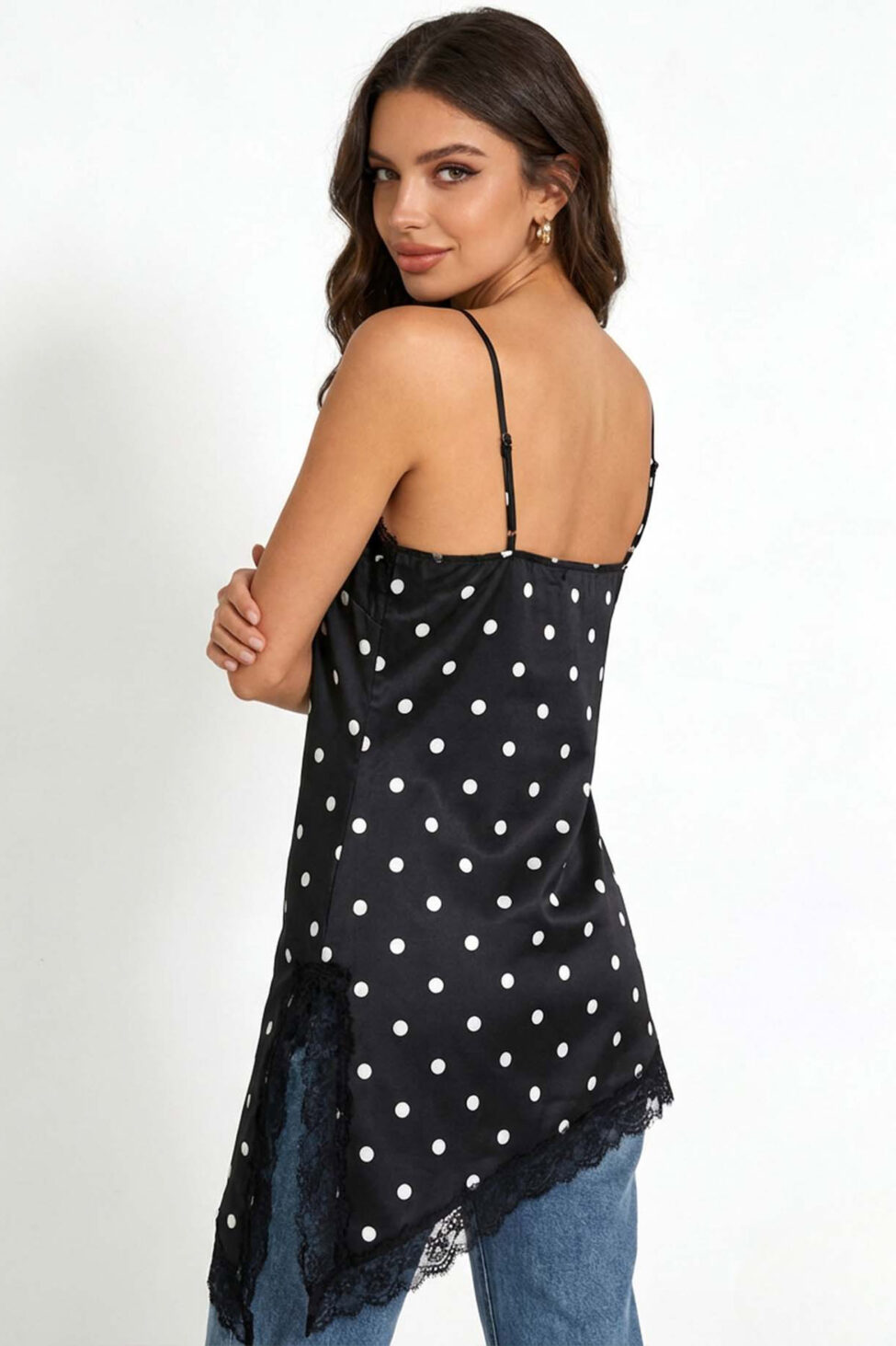 Meara ασύμμετρο φόρεμα με τιράντες πουά μαύρο - Image 2