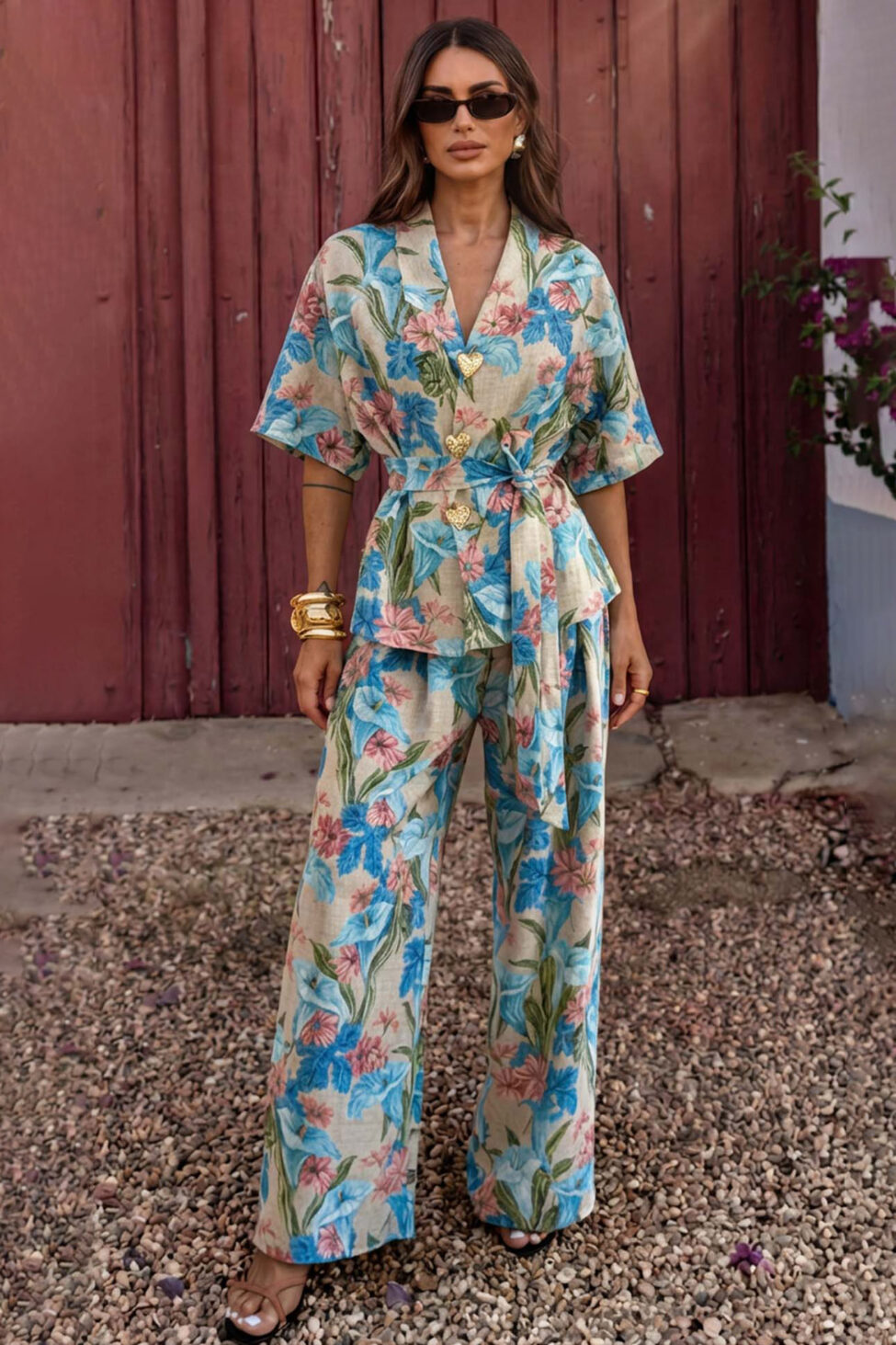 Melda σετ σακάκι κοντομάνικο με παντελόνι φλοράλ γαλάζιο - Image 2