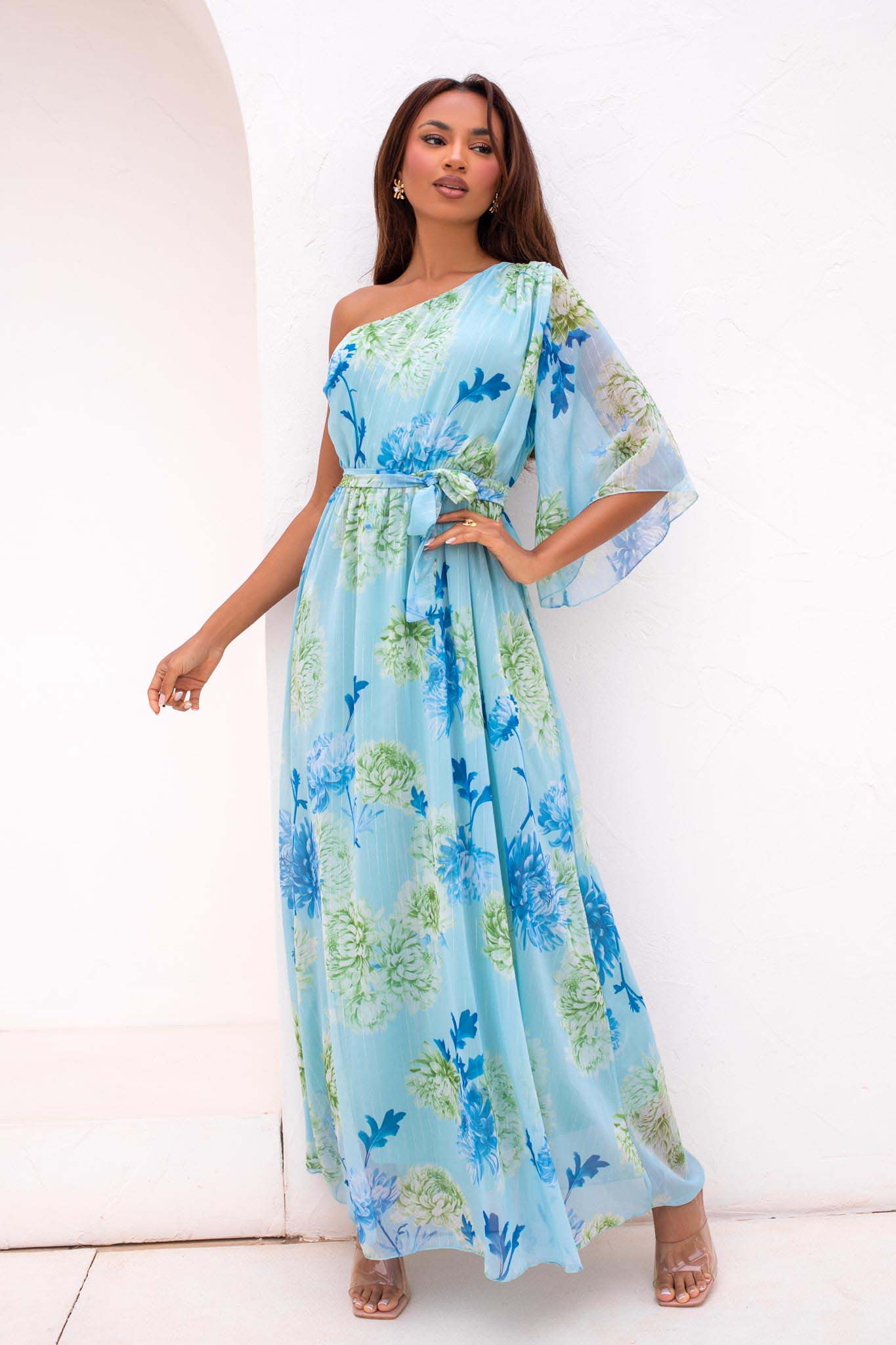 Meredith μάξι φλοράλ φόρεμα με έναν ώμο βεραμάν - Image 1