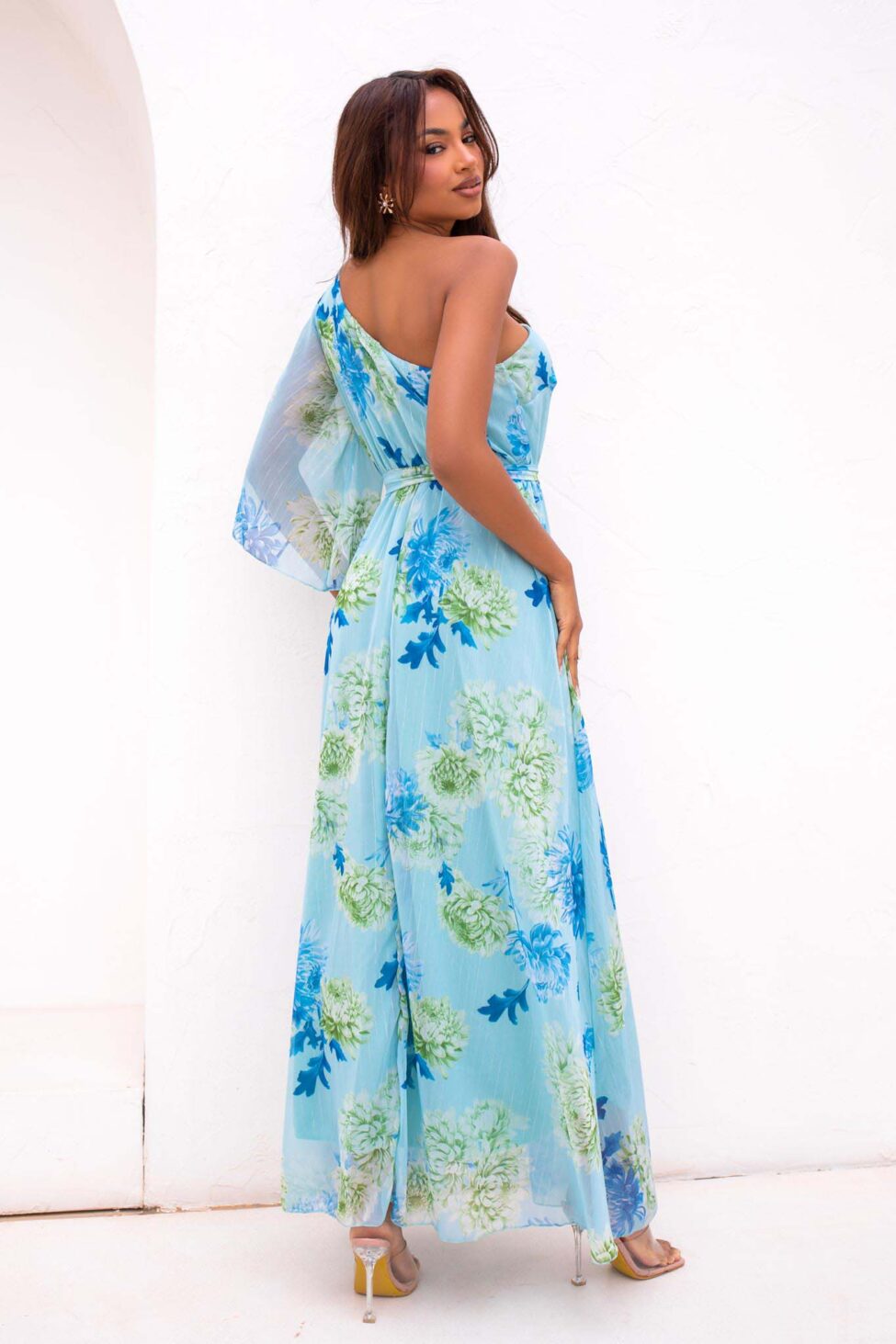 Meredith μάξι φλοράλ φόρεμα με έναν ώμο βεραμάν - Image 3