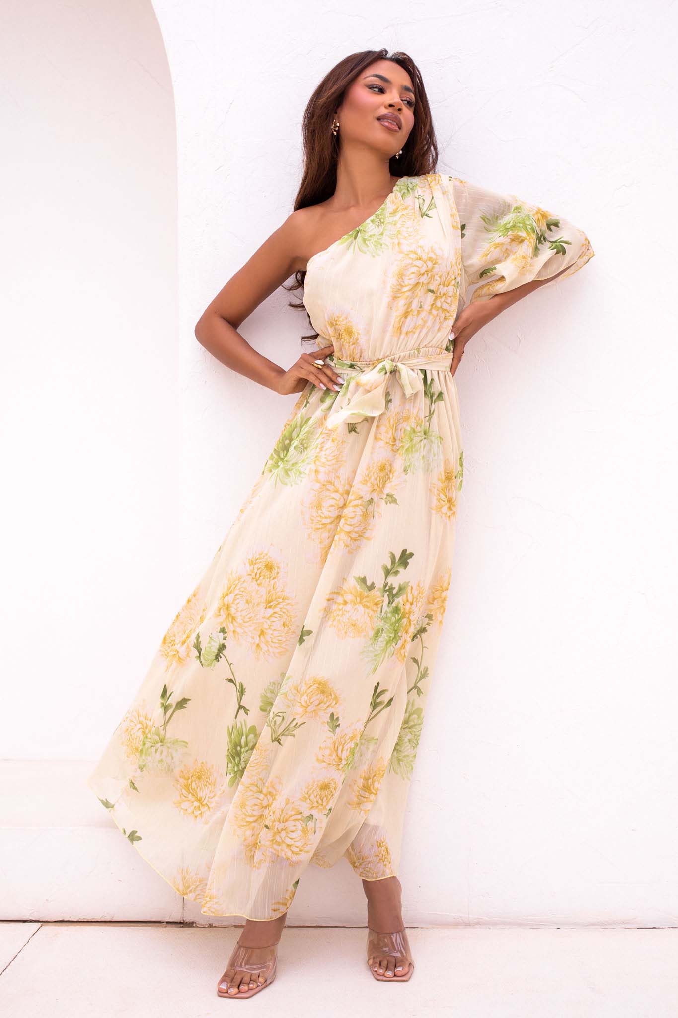 Meredith μάξι φλοράλ φόρεμα με έναν ώμο κίτρινο - Image 1
