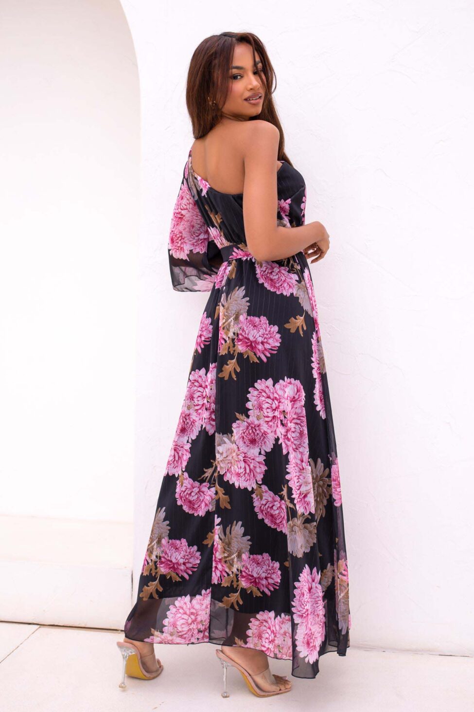Meredith μάξι φλοράλ φόρεμα με έναν ώμο μαύρο - Image 3
