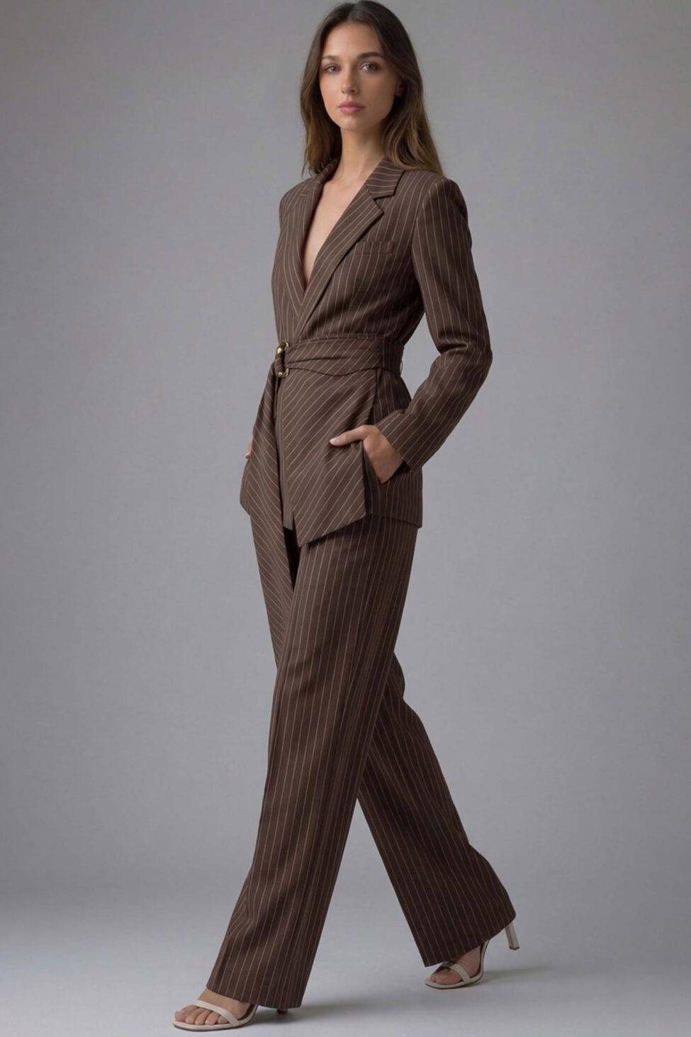 Minnesota σετ σακάκι παντελόνι ριγέ καφέ - Image 2