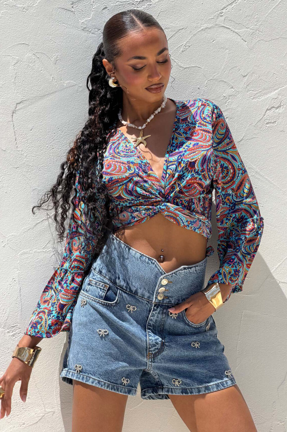 Paisleyra τοπ κρουαζέ εμπριμέ με δέσιμο μπλε - Image 5