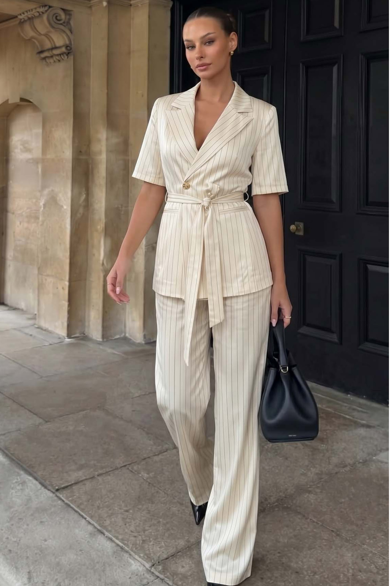 Porto fino σετ ριγέ με σακάκι και παντελόνι εκρού - Image 1