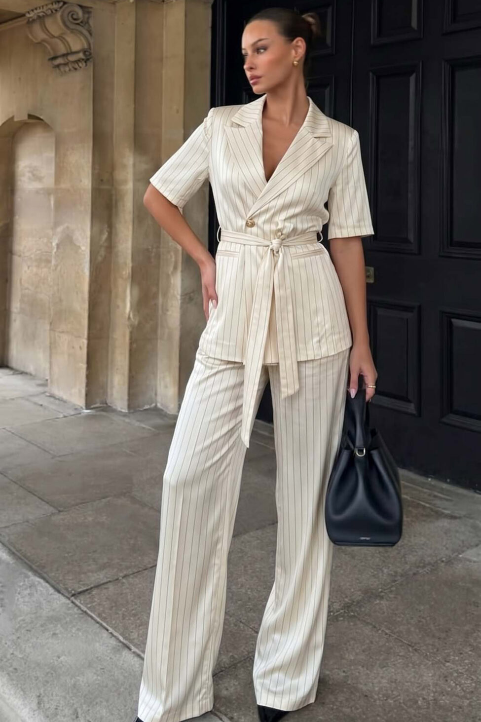 Porto fino σετ ριγέ με σακάκι και παντελόνι εκρού - Image 2