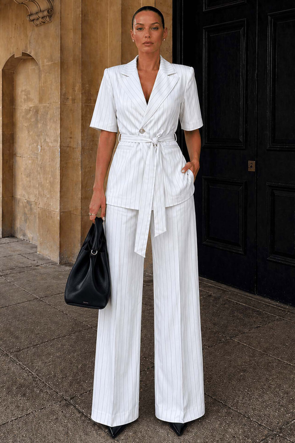 Porto fino σετ ριγέ με σακάκι και παντελόνι λευκό - Image 2