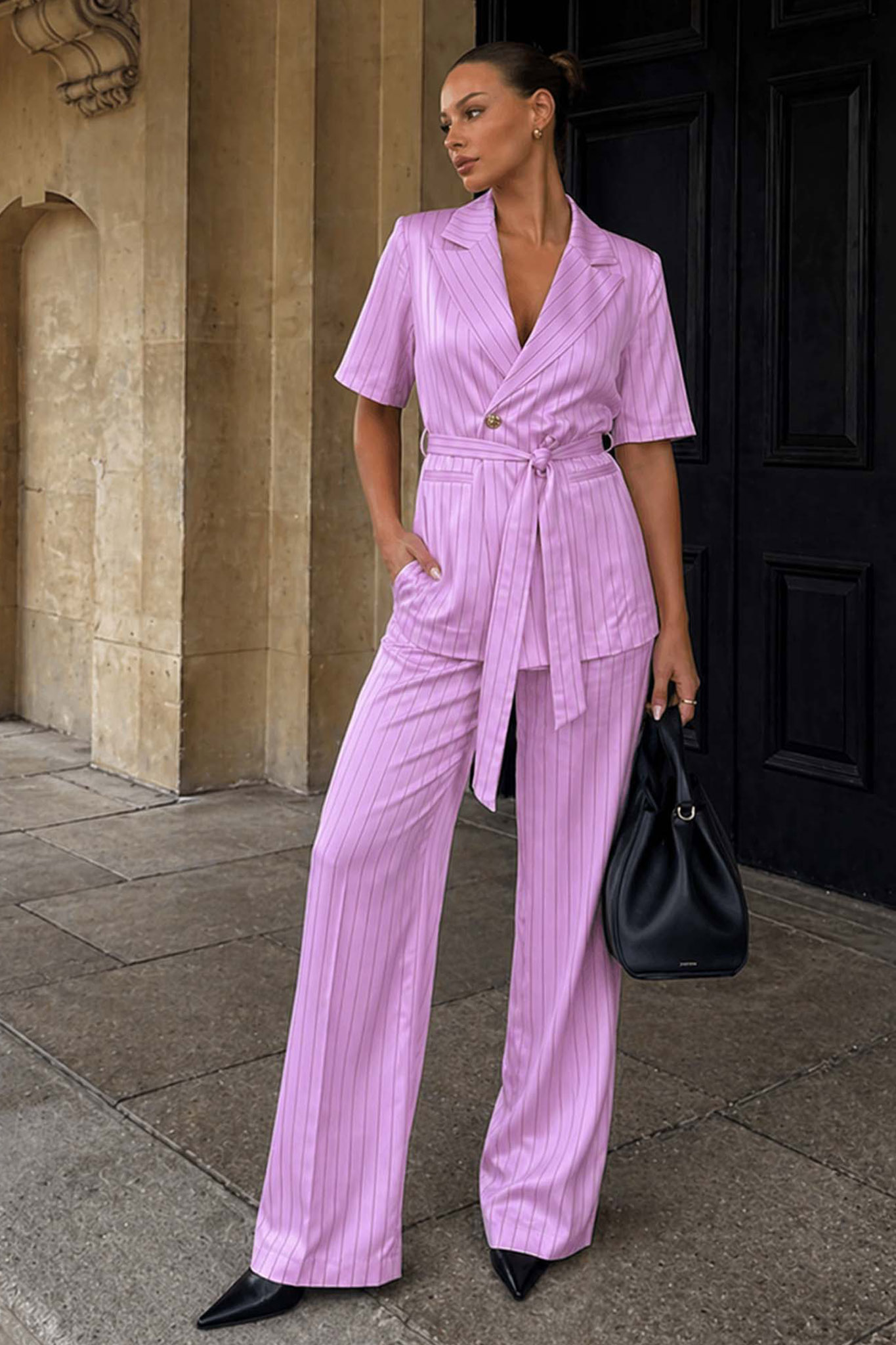 Porto fino σετ ριγέ με σακάκι και παντελόνι ροζ - Image 1