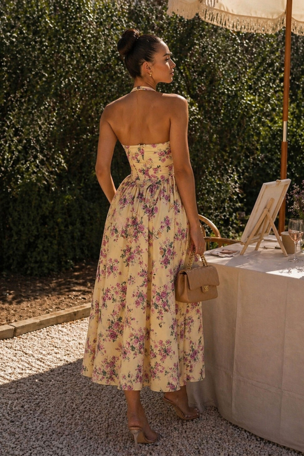 Positano Φόρεμα μίντι floral με τιράντες και εφαρμοστό μπούστο κίτρινο - Image 3