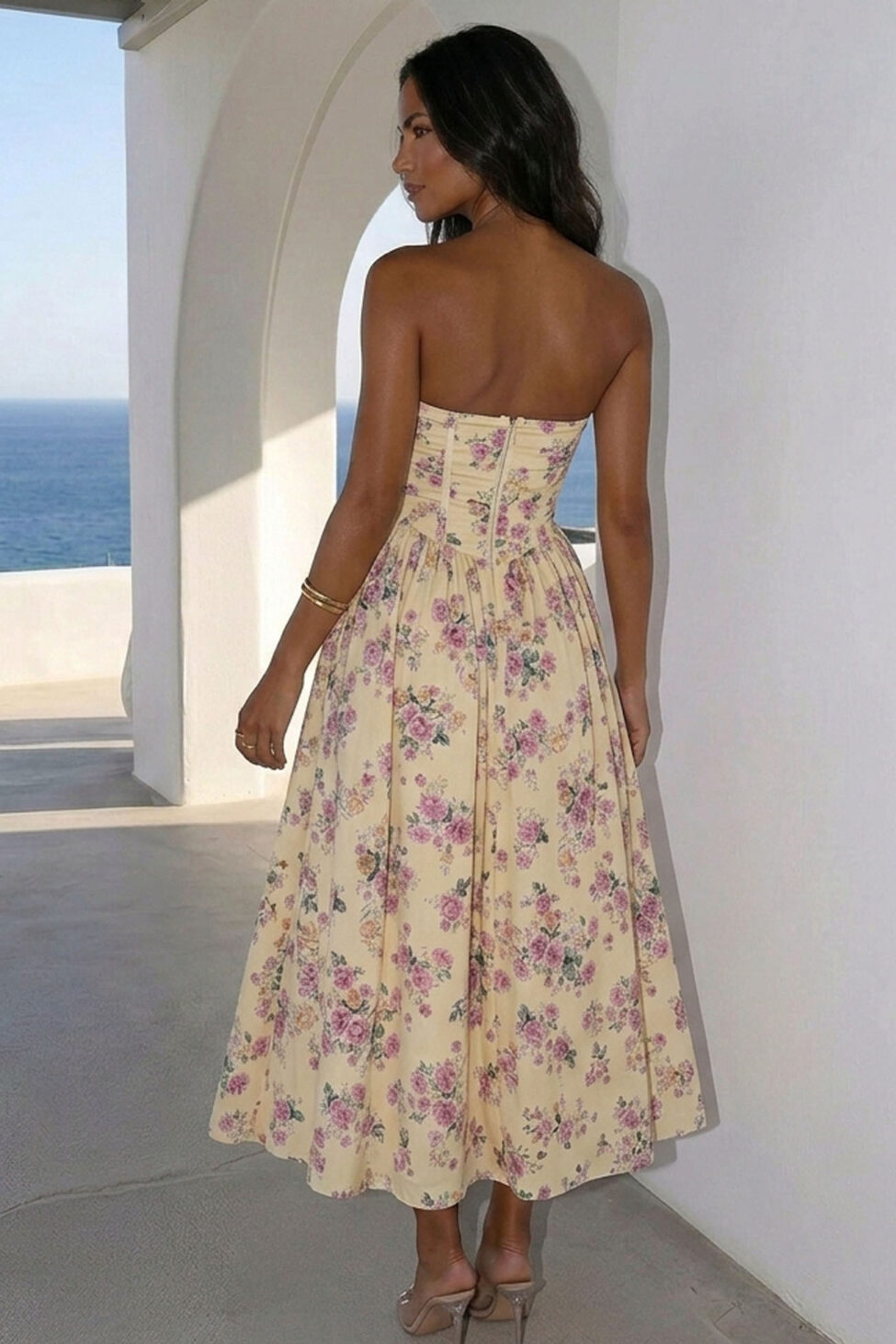 Positano Φόρεμα μίντι floral με τιράντες και εφαρμοστό μπούστο μπεζ - Image 2