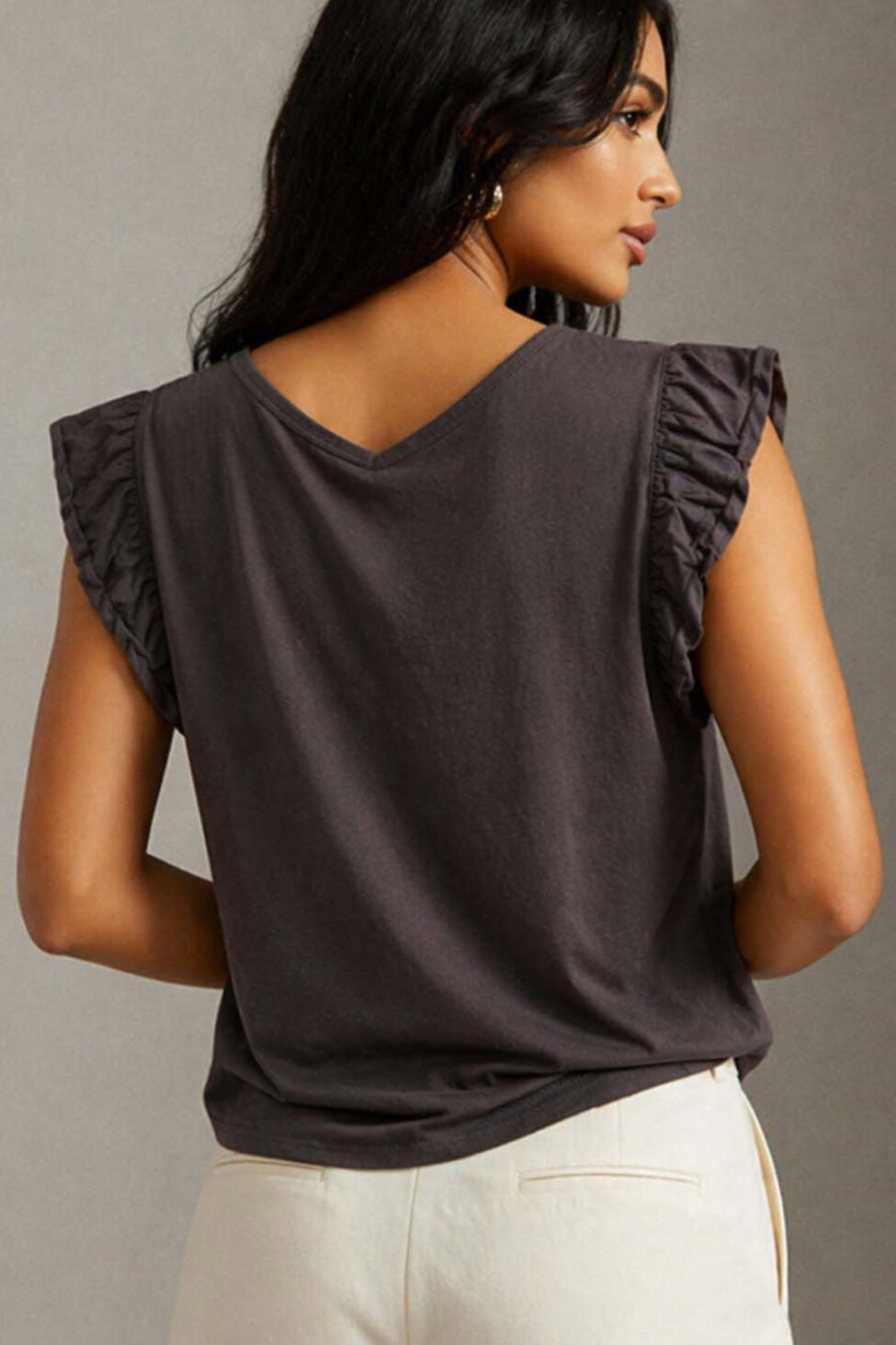 Robusta κοντομάνικη μπλούζα με βολάν καφέ - Image 2