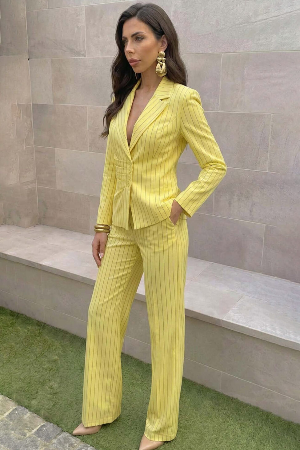 Ruxpin σετ σακάκι παντελόνι ριγέ κίτρινο - Image 2