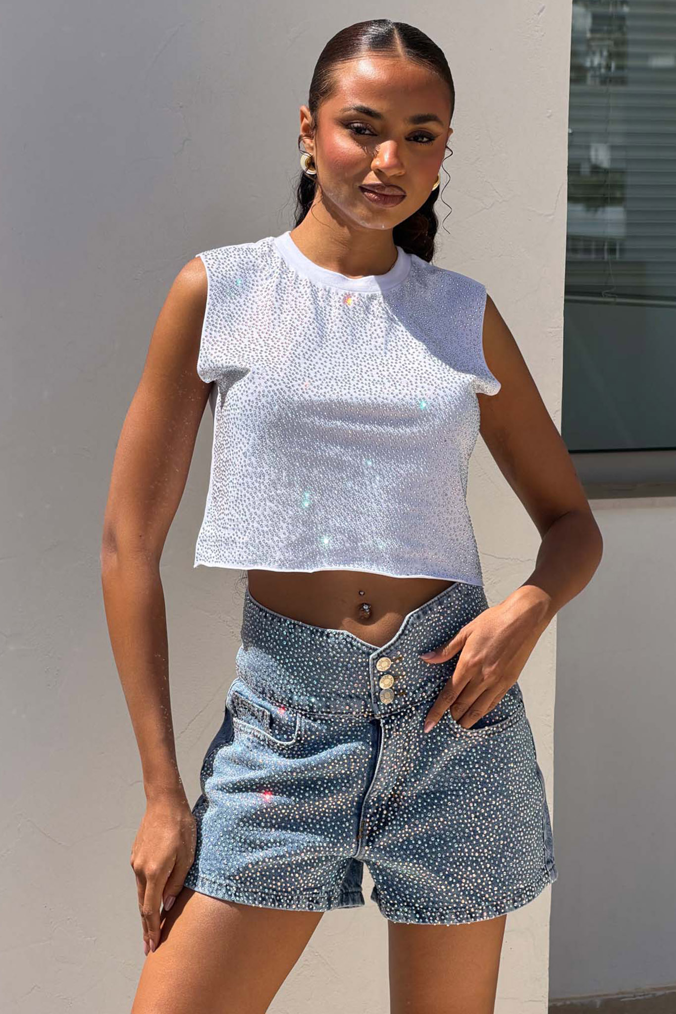 Sunny τζιν σορτς ψηλόμεσο με στρας μπλε - Image 1