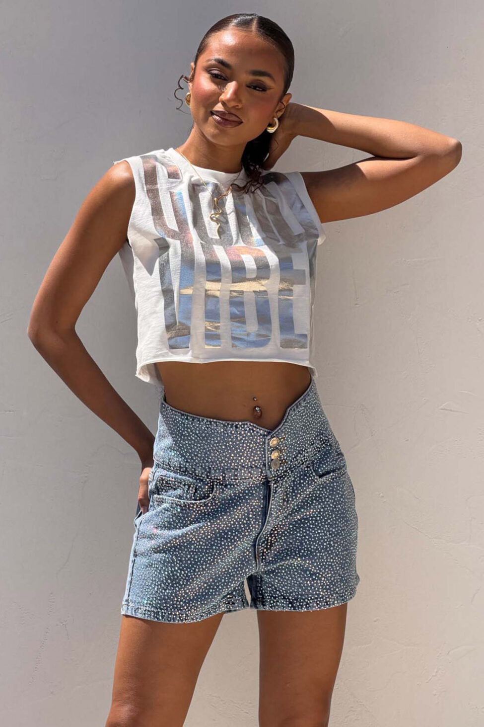 Sunny τζιν σορτς ψηλόμεσο με στρας μπλε - Image 3