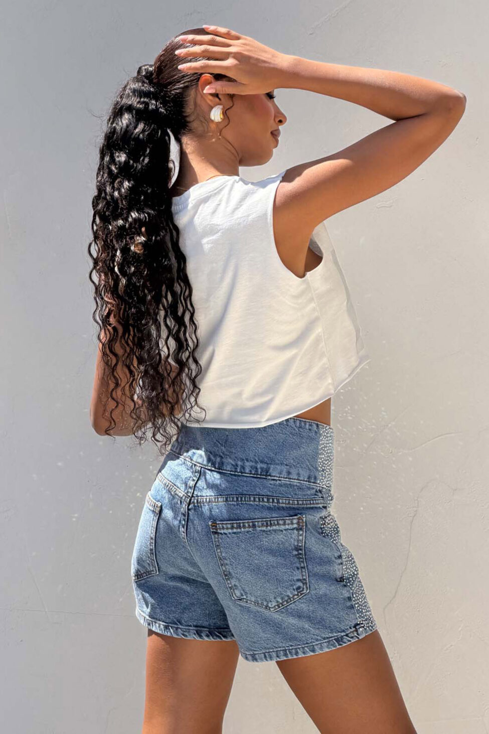 Sunny τζιν σορτς ψηλόμεσο με στρας μπλε - Image 4