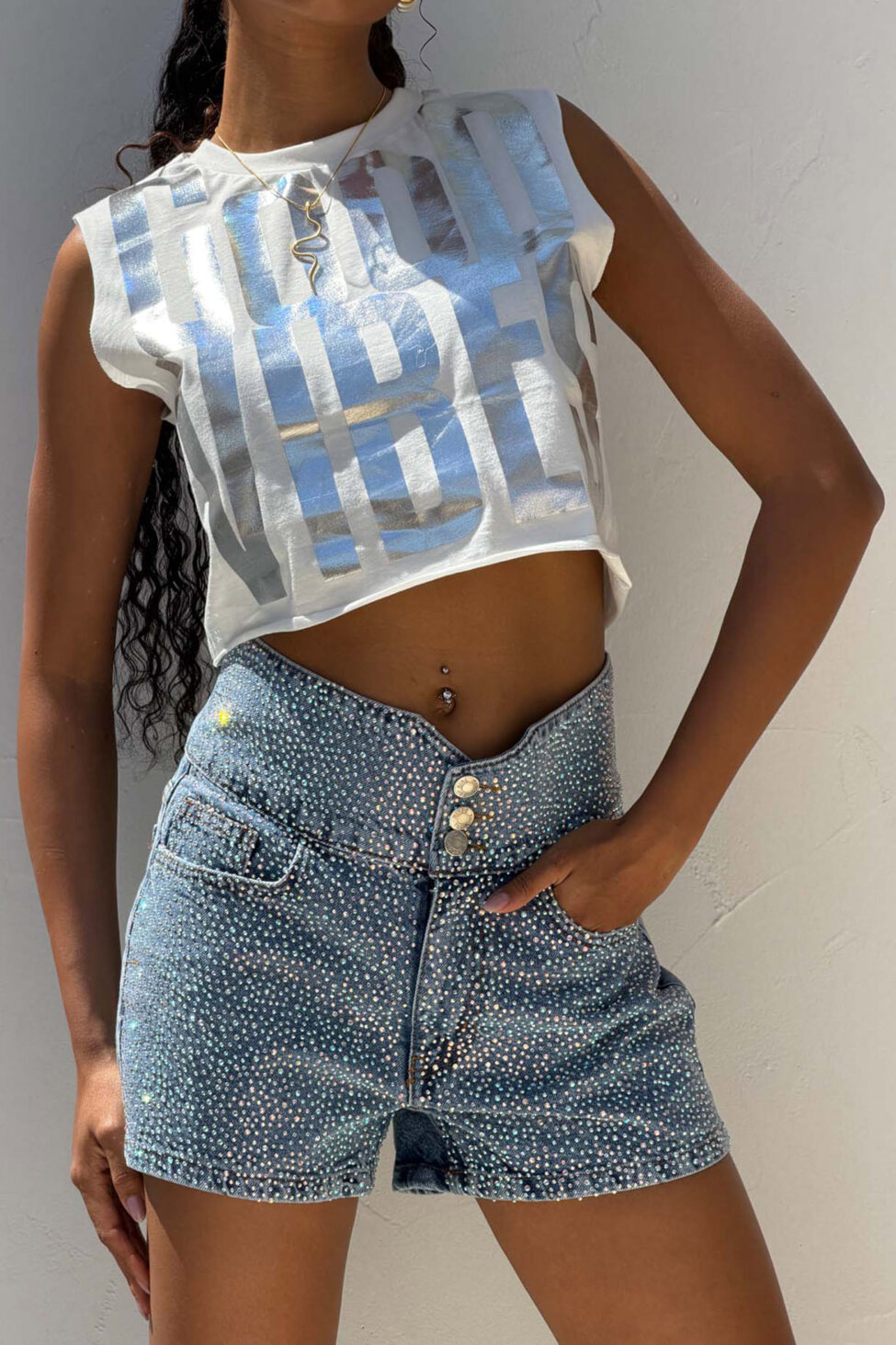 Sunny τζιν σορτς ψηλόμεσο με στρας μπλε - Image 5