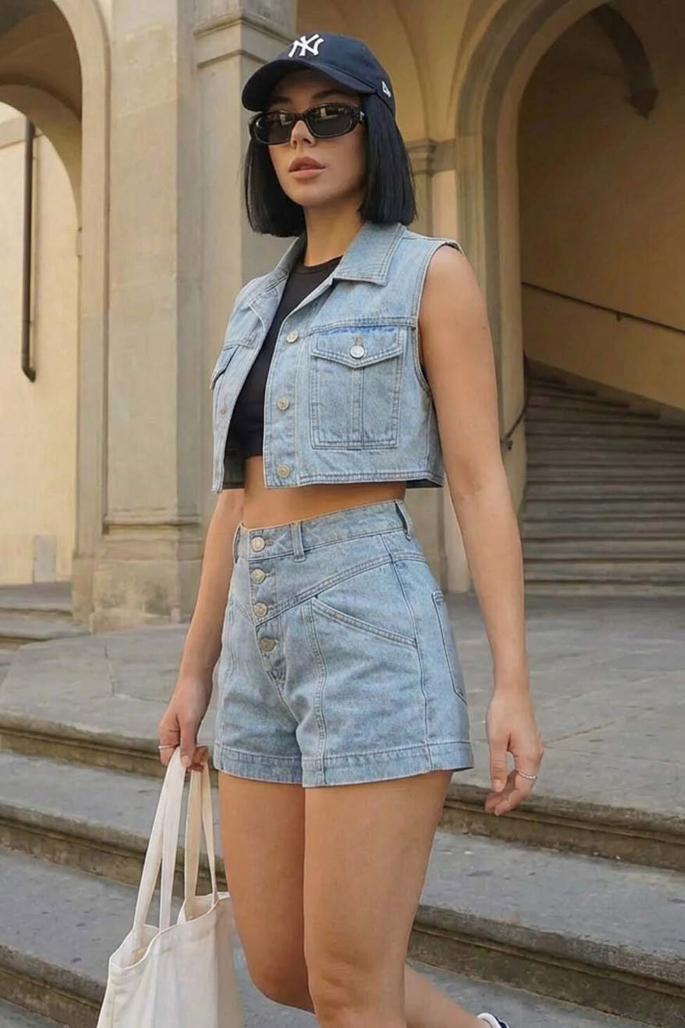 Urbania σετ τζιν με γιλέκο cropped και σορτς ψηλόμεσο μπλε - Image 2