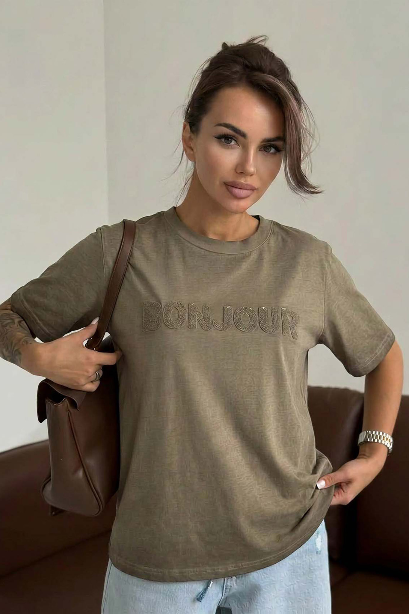Bonjour χακί μπλούζα με κέντημα χακί Bonjour μπλούζα με κέντημα χακί - Image 1