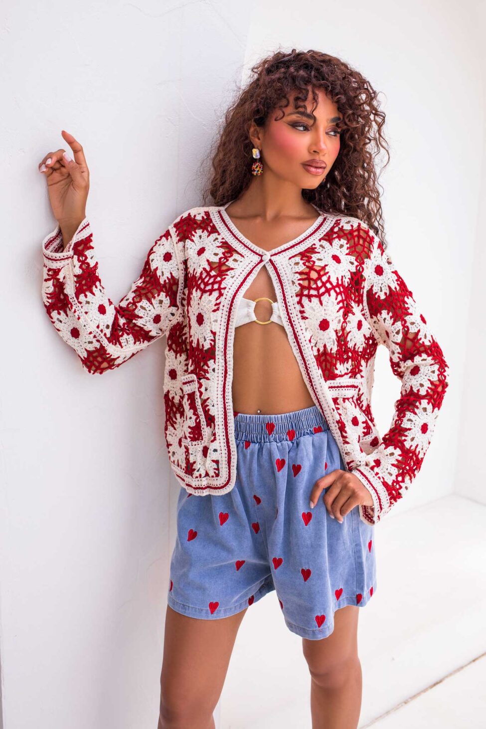 Crochet πλεκτή ζακέτα φλοράλ μπορντό - Image 2