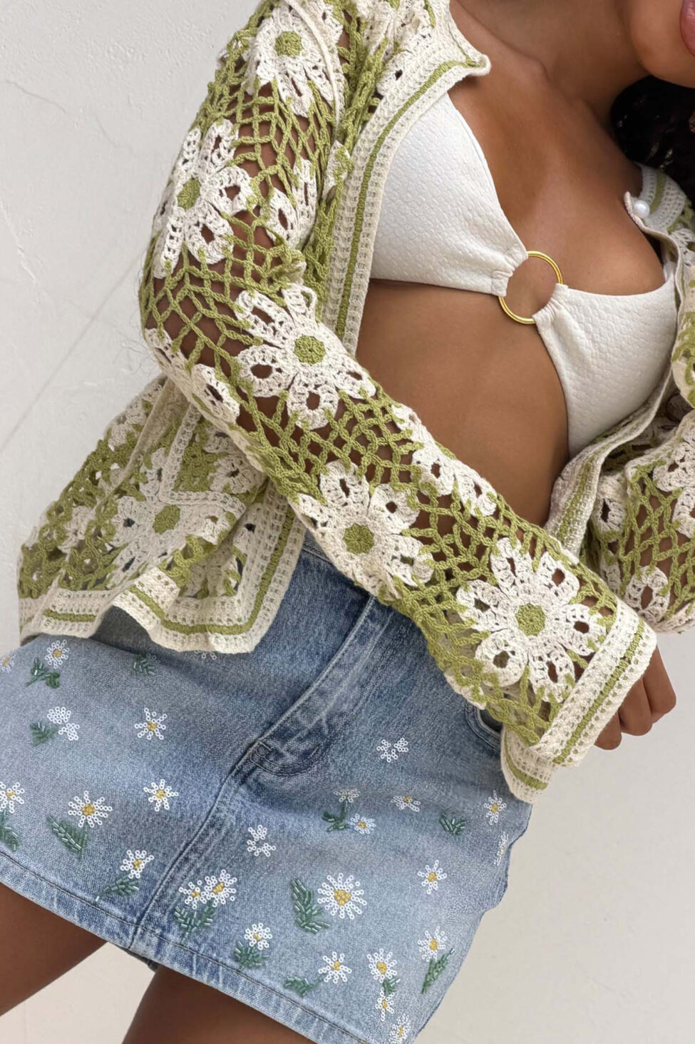 Crochet πλεκτή ζακέτα φλοράλ πράσινο - Image 2