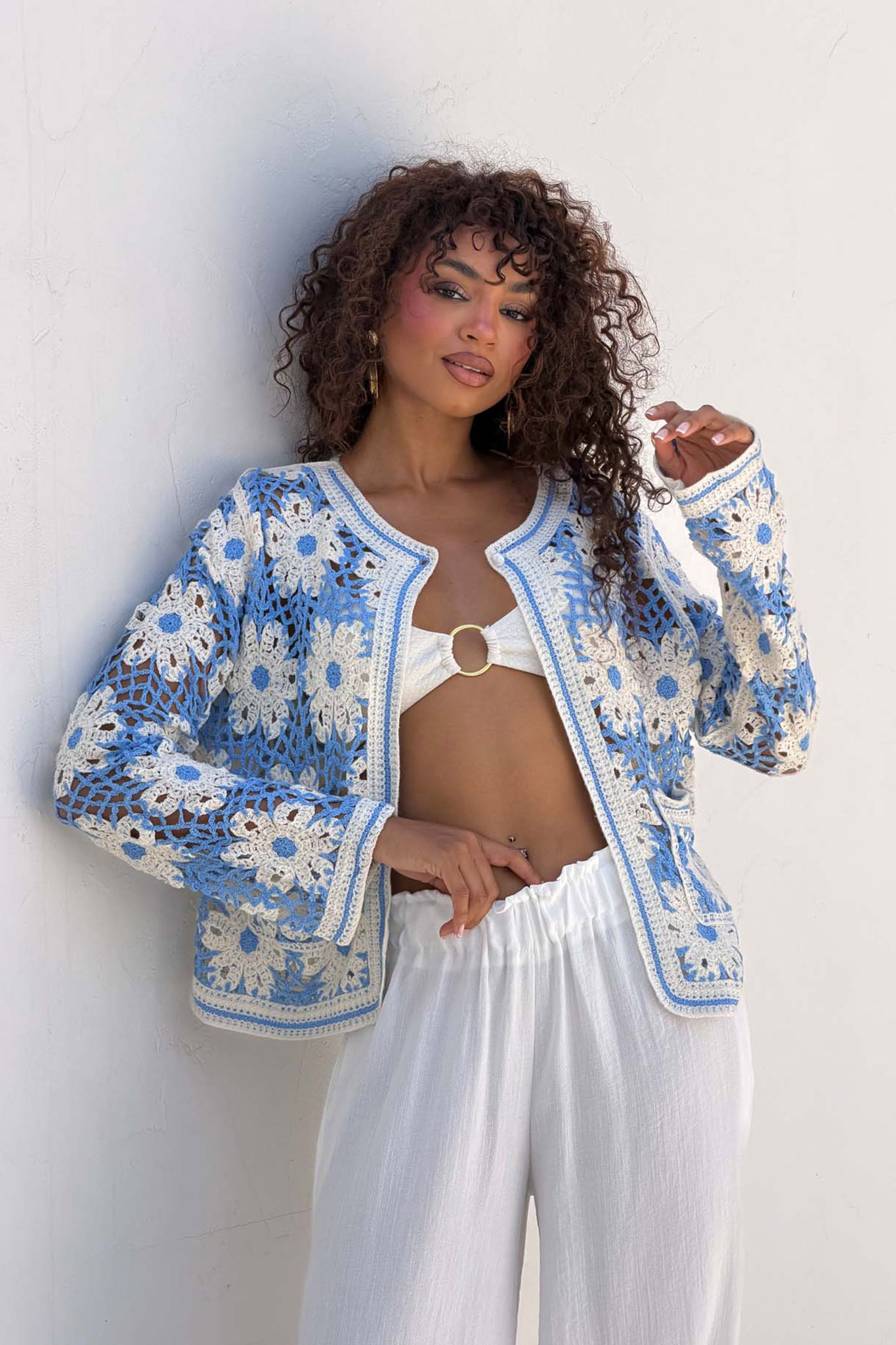 Crochet πλεκτή ζακέτα φλοράλ σιελ Crochet πλεκτή ζακέτα φλοράλ σιελ - Image 1