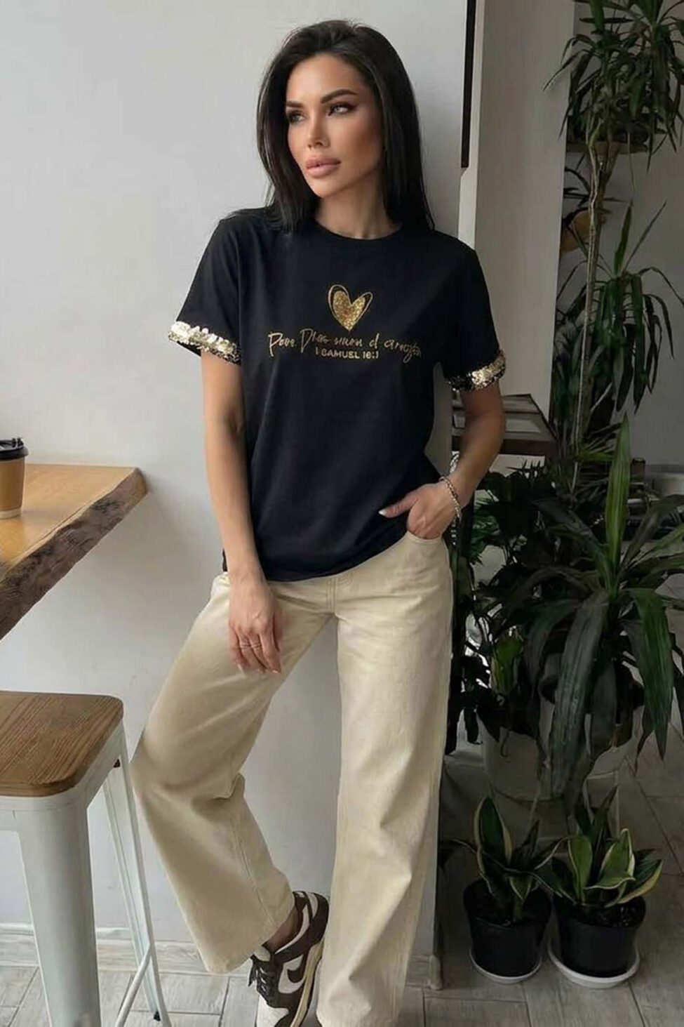 Goldenheart μπλούζα με χρυσό πριντ μαύρο - Image 2