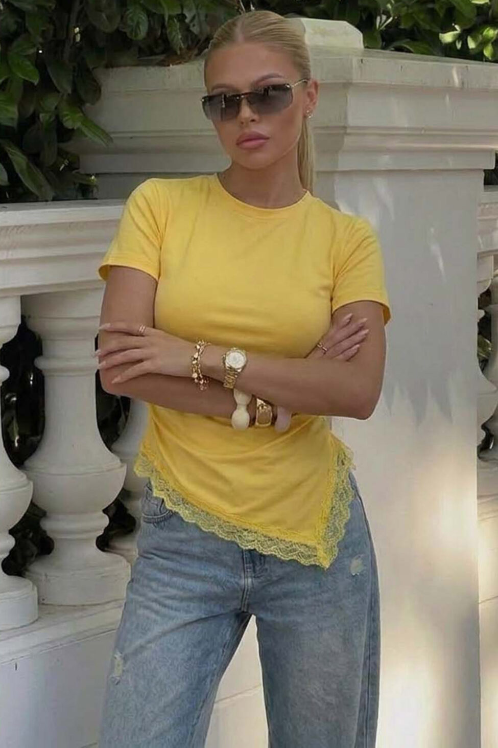 Paige κοντομάνικο τοπ με δαντέλα κίτρινο - Image 2