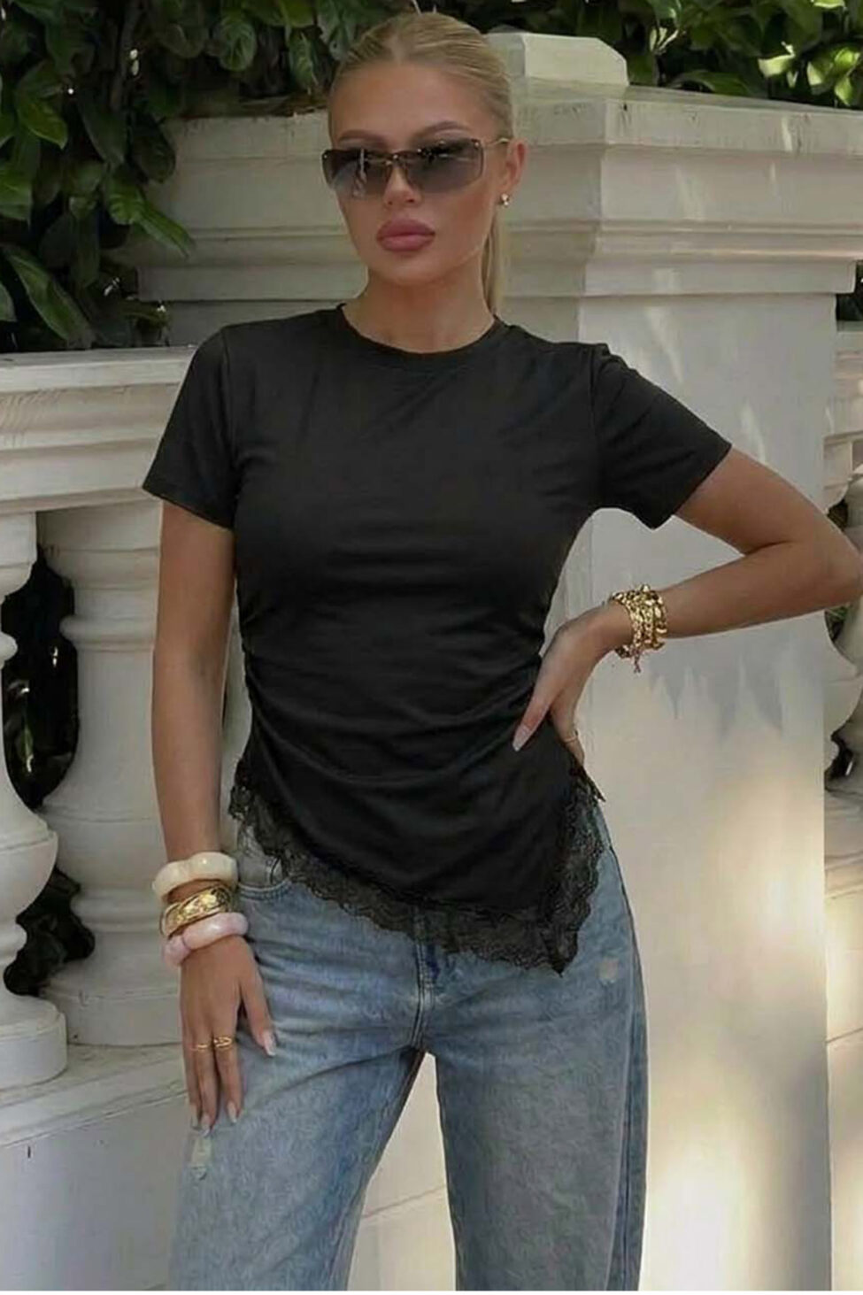 Paige κοντομάνικο τοπ με δαντέλα μαύρο - Image 2