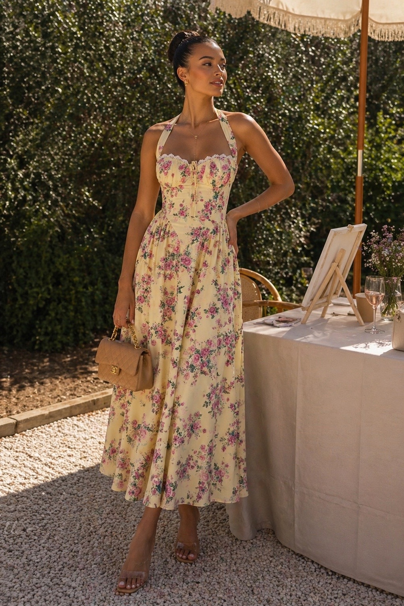 Positano Φόρεμα μίντι floral με τιράντες και εφαρμοστό μπούστο κίτρινο Positano μίντι φλοράλ φόρεμα με τιράντες κίτρινο - Image 1