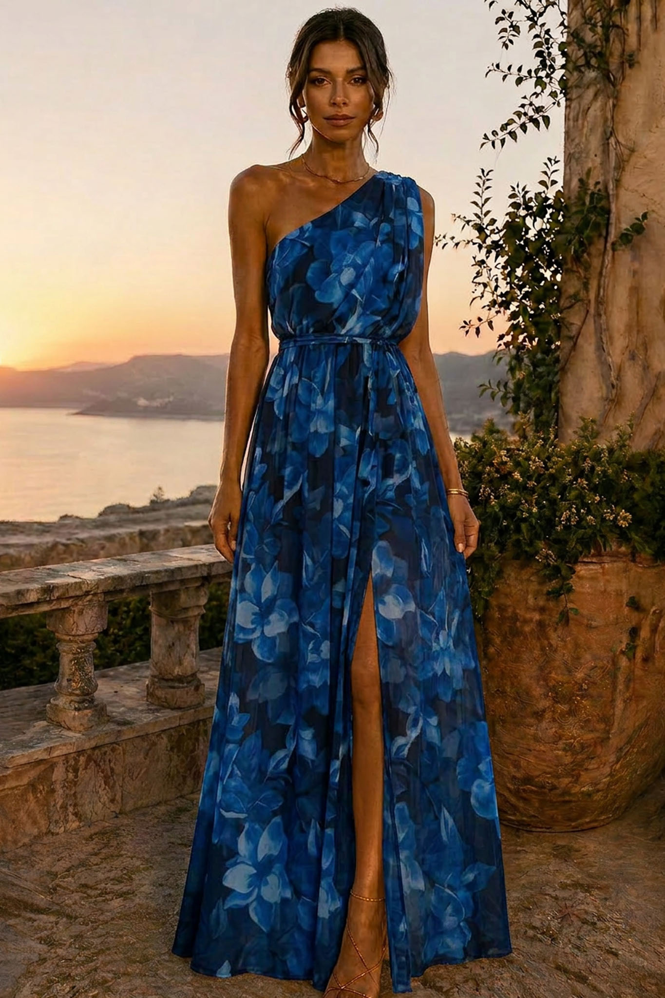 Thalira πλισέ μάξι φόρεμα με σκίσιμο μπλε - Image 1