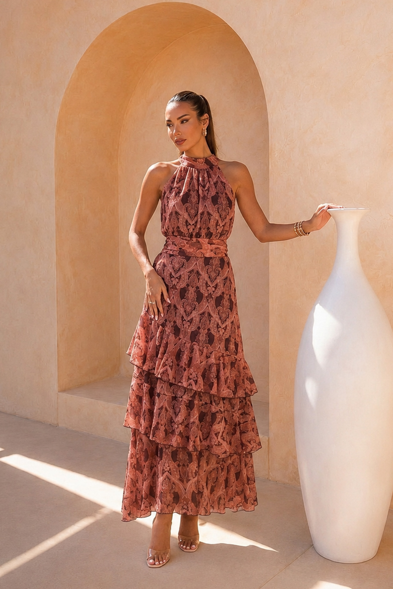 Azura Φόρεμα μάξι floral με βολάν και halter λαιμόκοψη καφέ - Image 2