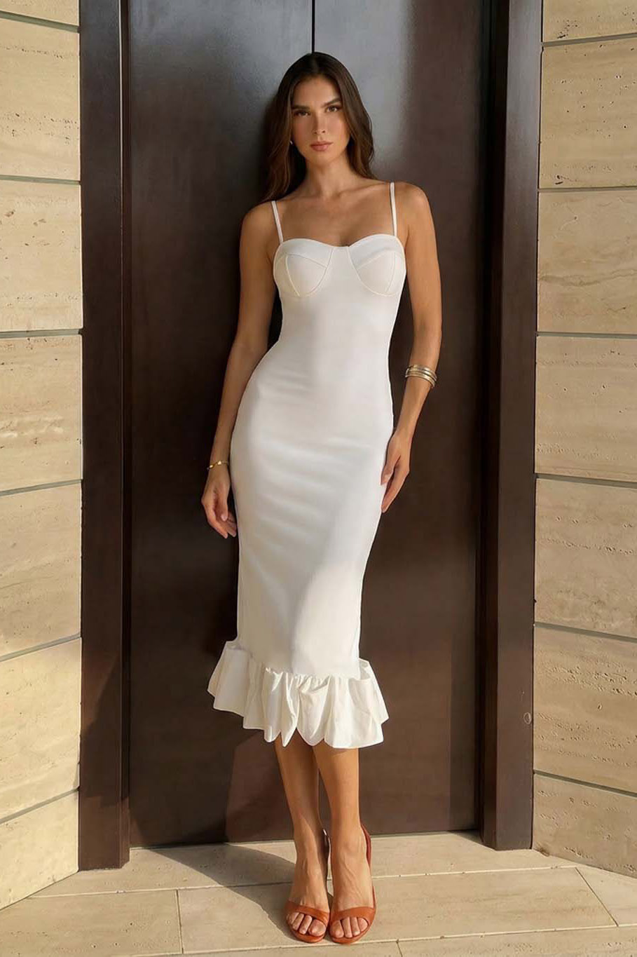 Angelica μίντι φόρεμα στράπλες με βολάν λευκό Angelica μίντι φόρεμα στράπλες με βολάν λευκό - Image 1