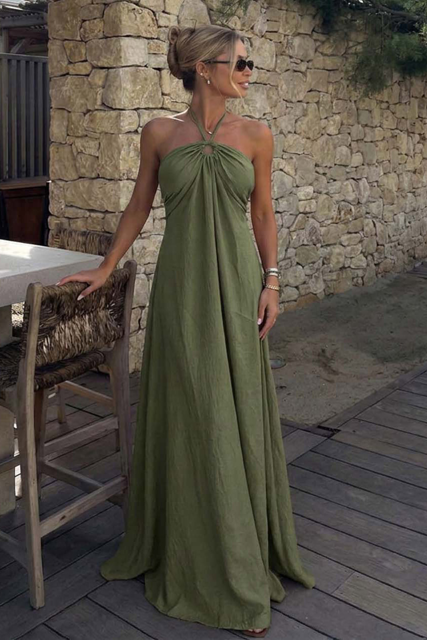 Elif μαξι φόρεμα με δέσιμο στο λαιμό χακί Elif μαξι φόρεμα με δέσιμο στο λαιμό χακί - Image 1
