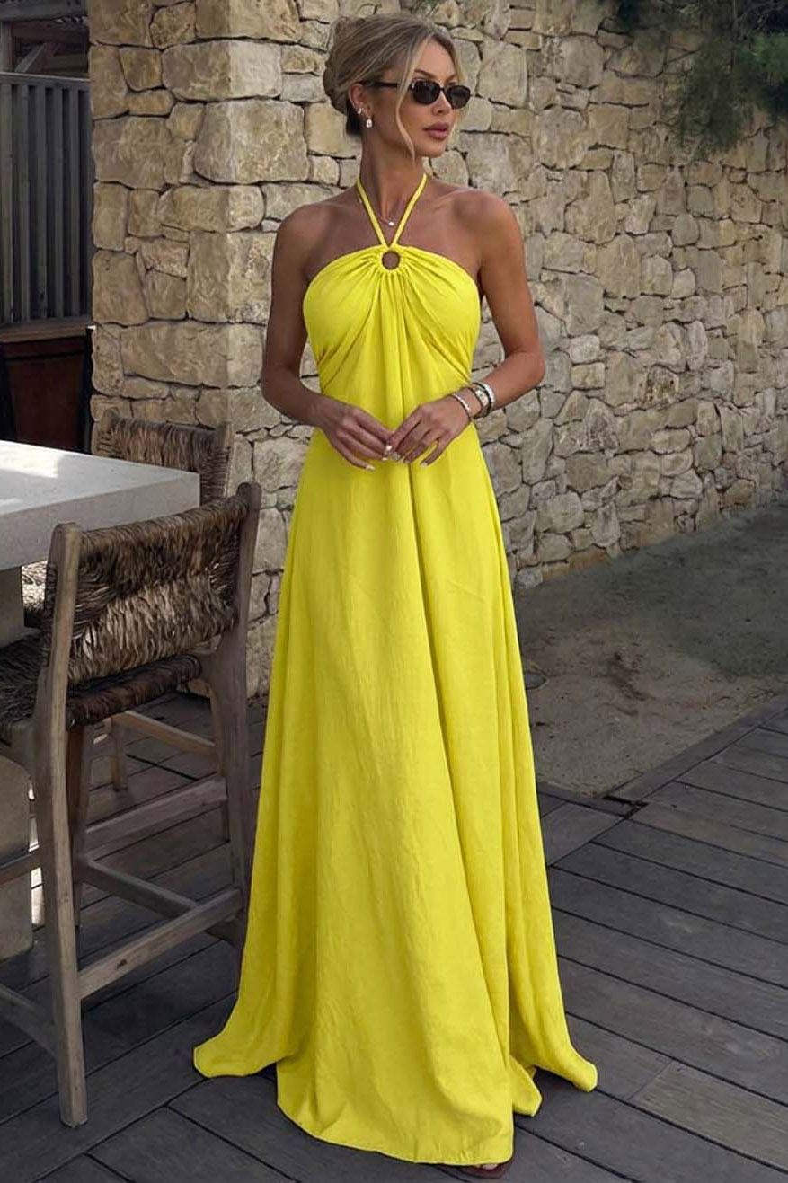 Elif μαξι φόρεμα με δέσιμο στο λαιμό κίτρινο Elif μαξι φόρεμα με δέσιμο στο λαιμό κίτρινο - Image 1
