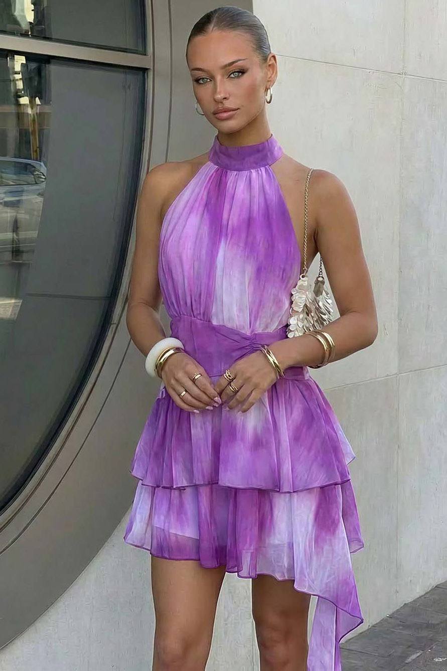 Hazal εμπριμέ μινι φόρεμα με βολάν λιλά Hazal εμπριμέ μινι φόρεμα με βολάν λιλά - Image 1