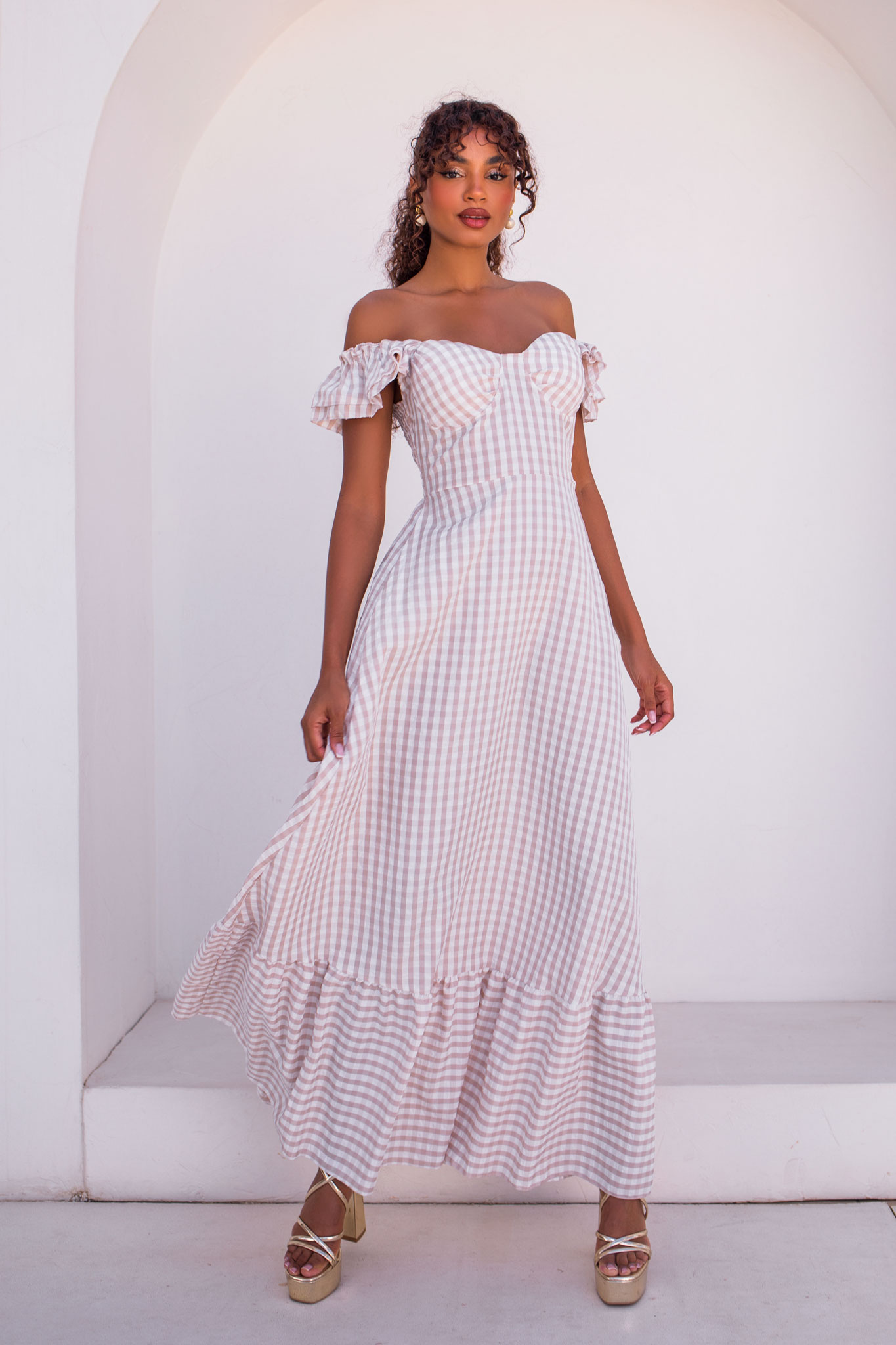 Preppy καρό μίντι φόρεμα εκρού Preppy καρό μίντι φόρεμα εκρού - Image 1