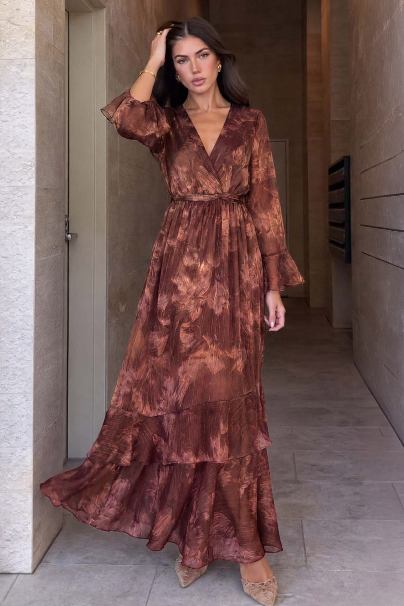 Anelia κρουαζέ μάξι φόρεμα καφέ Anelia κρουαζέ μάξι φόρεμα καφέ - Image 1